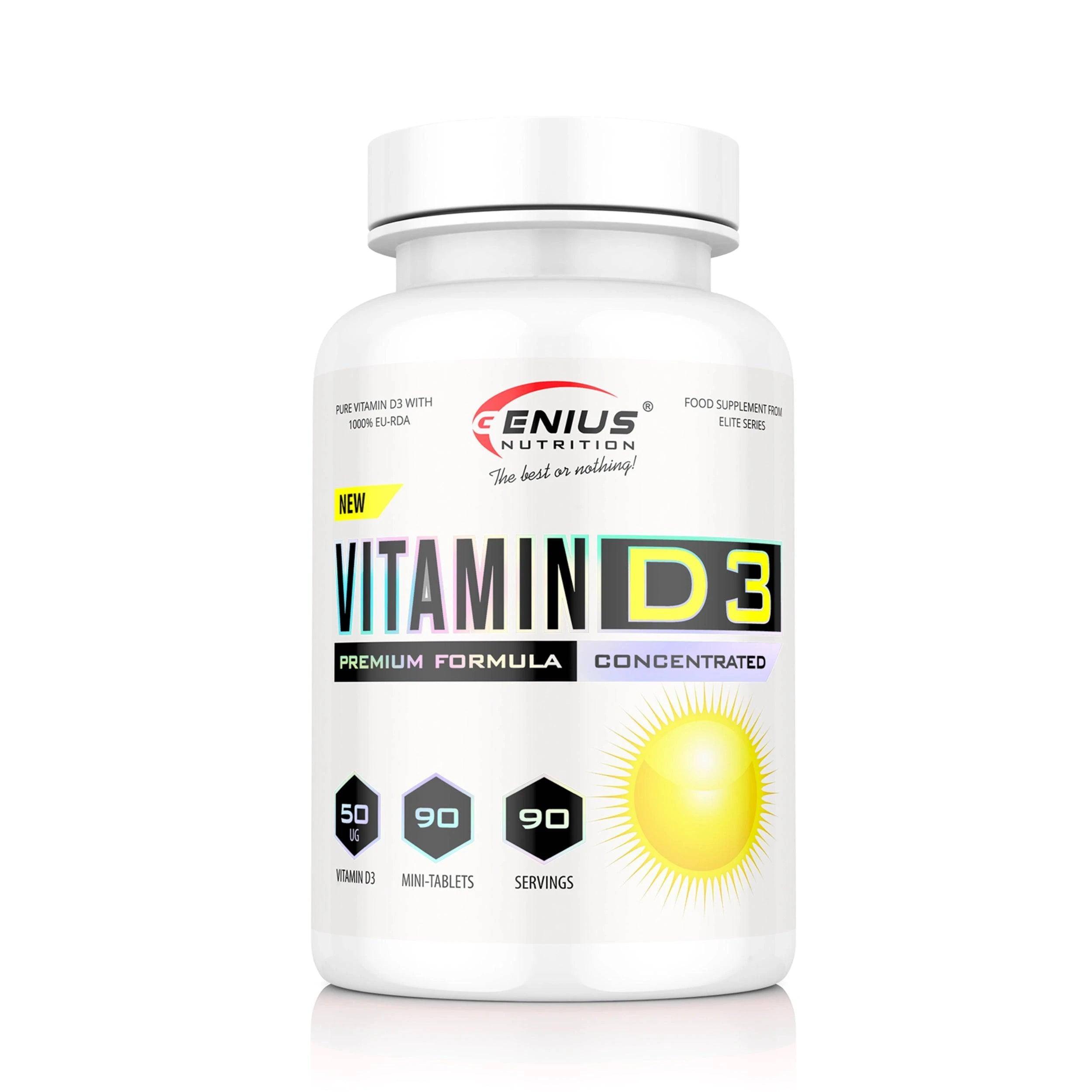 Genius Nutrition Vitamin D3 supplement bottle with 90 tablets, showing label and tablets inside the container.