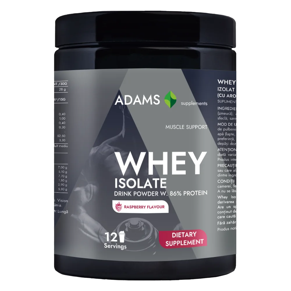 Whey isolate protein supplement in raspberry flavor by Adams Supplements, 360g jar with raspberry-flavored powder visible inside.