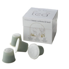 Lemon Verbena and Basil tea capsules from TEAPSULE, 10-pack, showing the tea capsules in a clear container