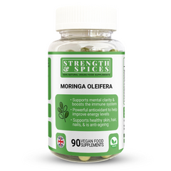 Bottle of STRENGTH & SPICES Moringa Oleifera 700mg supplement capsules, showing the label and 90 capsules inside.
