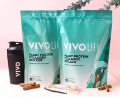 Vivo Life Collagen Builder Plant Protein supplement container with label, showcasing a health-focused protein powder for skin and joint support.