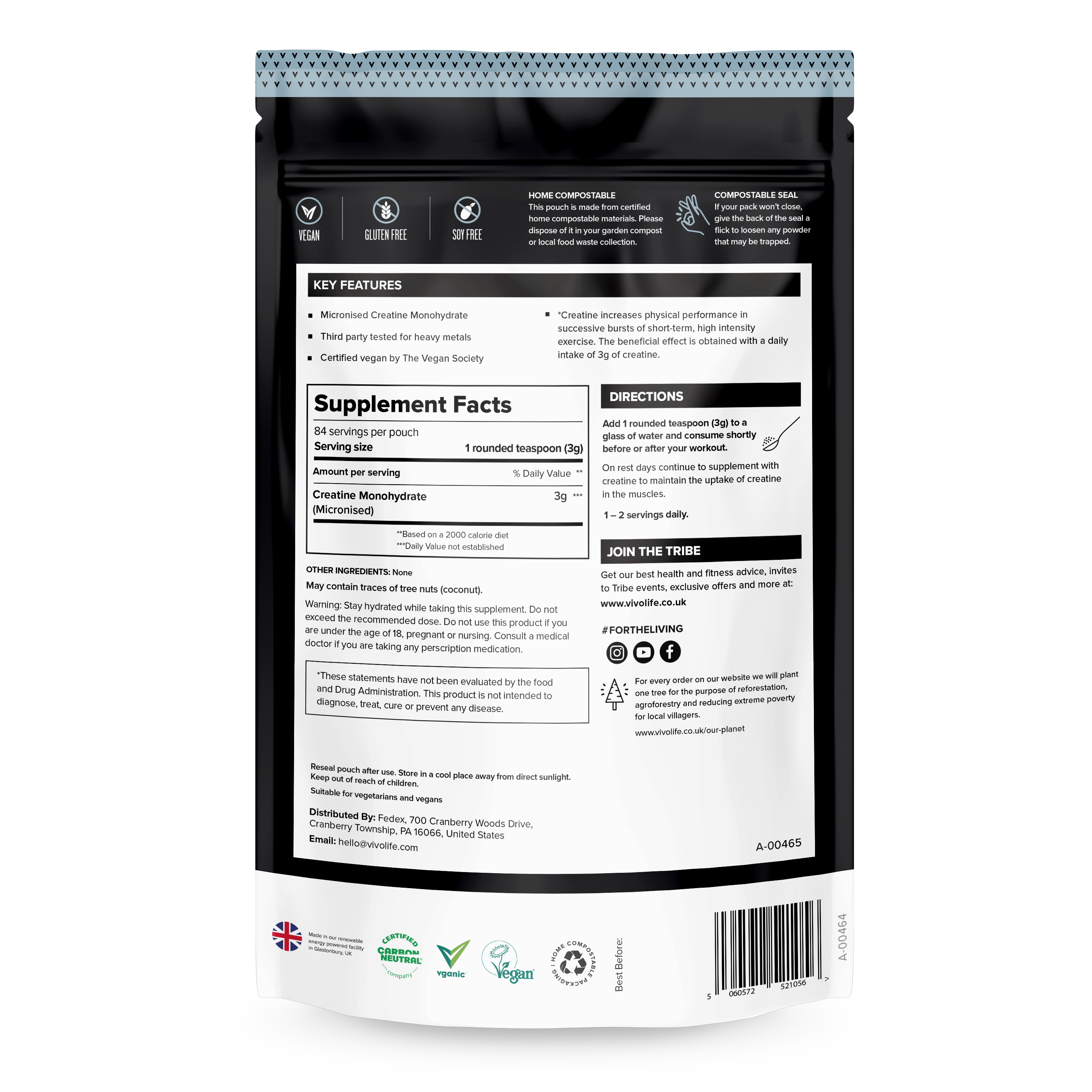 Vivo Life ultra-pure micronized creatine monohydrate supplement container with label and powder scoop, front view.