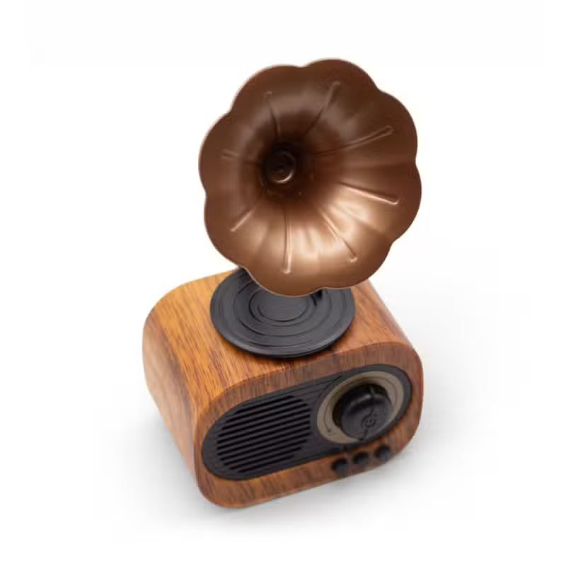 SPEAKER collection cover featuring VintageTone Mini Gramophone Bluetooth Speaker & FM Radio