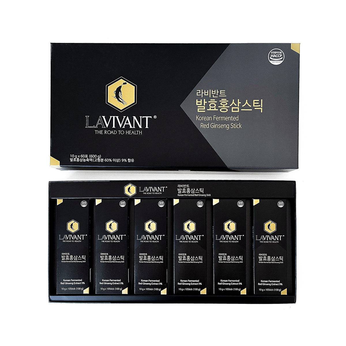 Lavivant Korean Red Ginseng Fermented Extract liquid sticks pack with 60 sticks, showing the product and packaging.