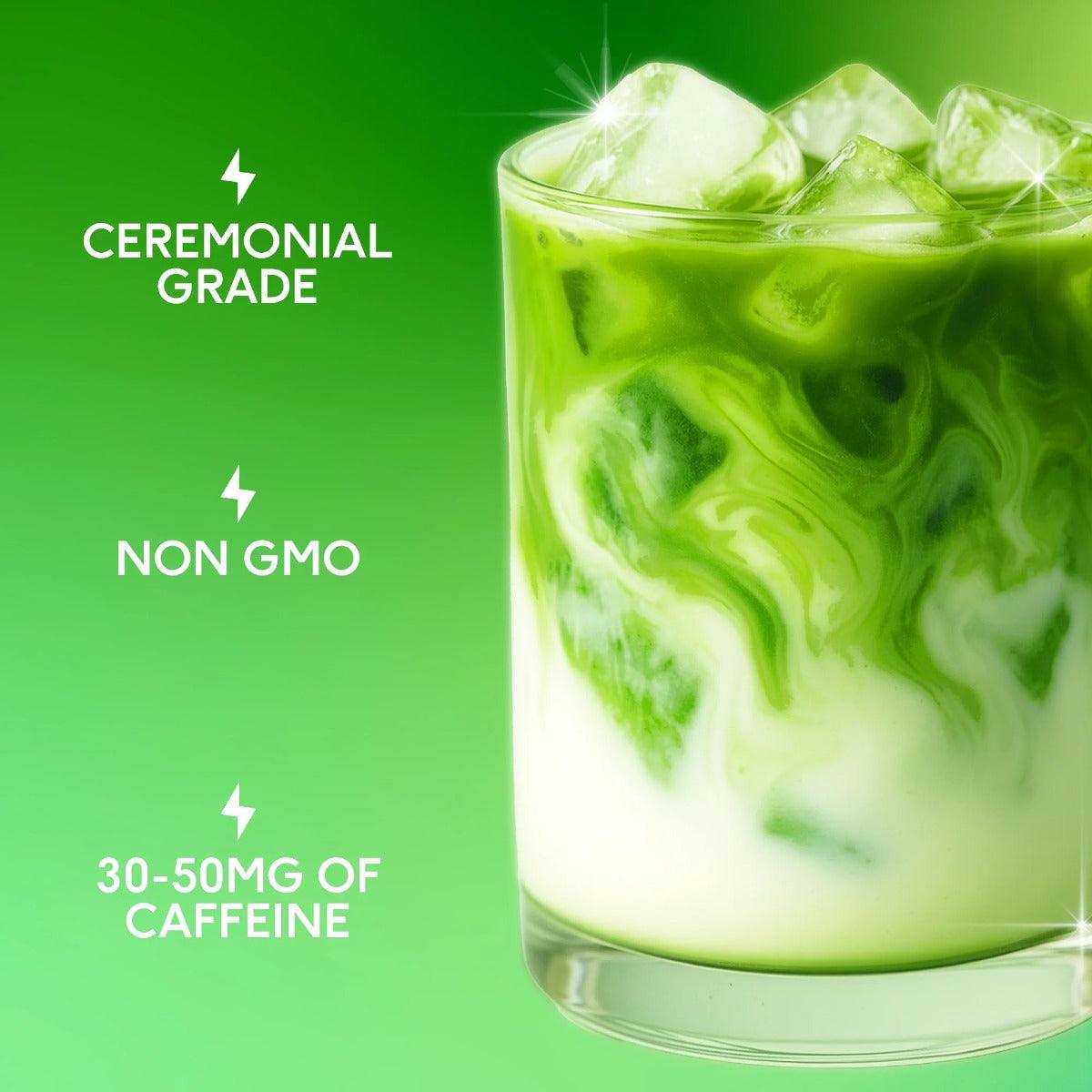 Ceremonial grade vanilla matcha powder by Herbalistas in a 75g container, vibrant green matcha powder with vanilla flavoring