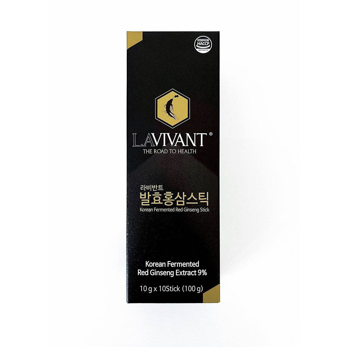 Lavivant Korean Red Ginseng Fermented Extract liquid sticks, 60-count box, showing individual sachets and packaging details.