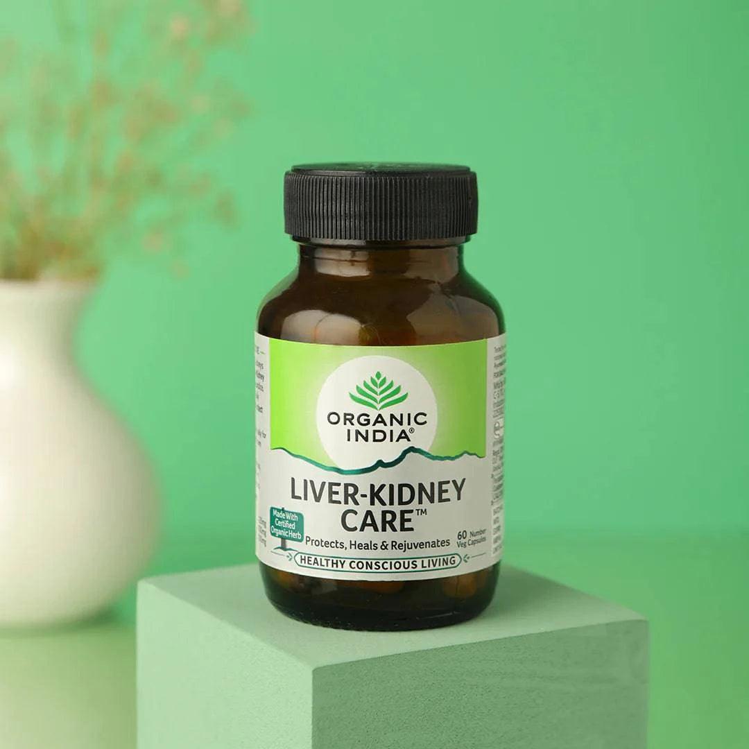 Organic India Liver-Kidney Care supplement capsules by Herbalistas, showing a bottle of 90 capsules for detox and organ health.