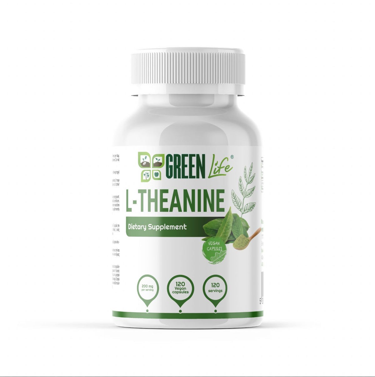 Green Life Cyprus L-Theanine supplement bottle with 120 green capsules, 200 mg per capsule, designed for relaxation and focus.