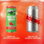 Herbalistas PerfectTed Ceremonial Matcha Energy Drink in apple and raspberry flavor, 250ml beverage with vibrant fruit and tea visuals.