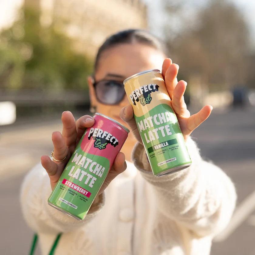 Herbalistas PerfecTed Strawberry Oat Matcha Latte in a 250ml bottle, showcasing the vibrant pink drink with a straw.