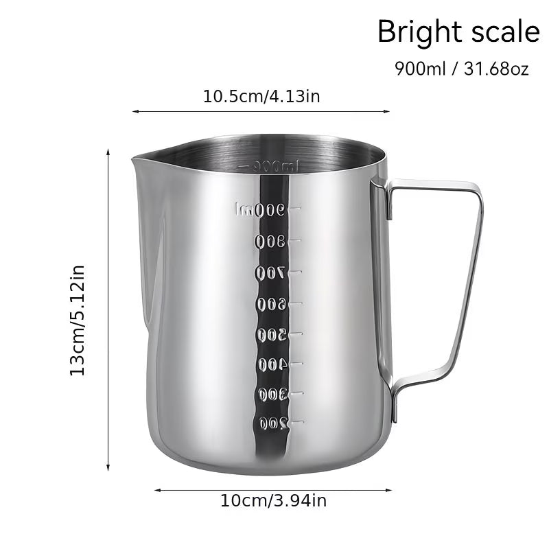 Stainless steel milk frothing pitcher from TEMU with a sleek, durable design for steaming and pouring milk.