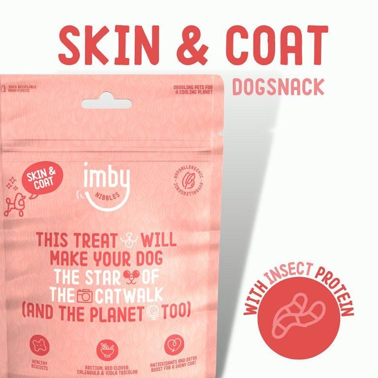 IMBY Skin & Coat dog supplement in 100g package, showing the product packaging and label.