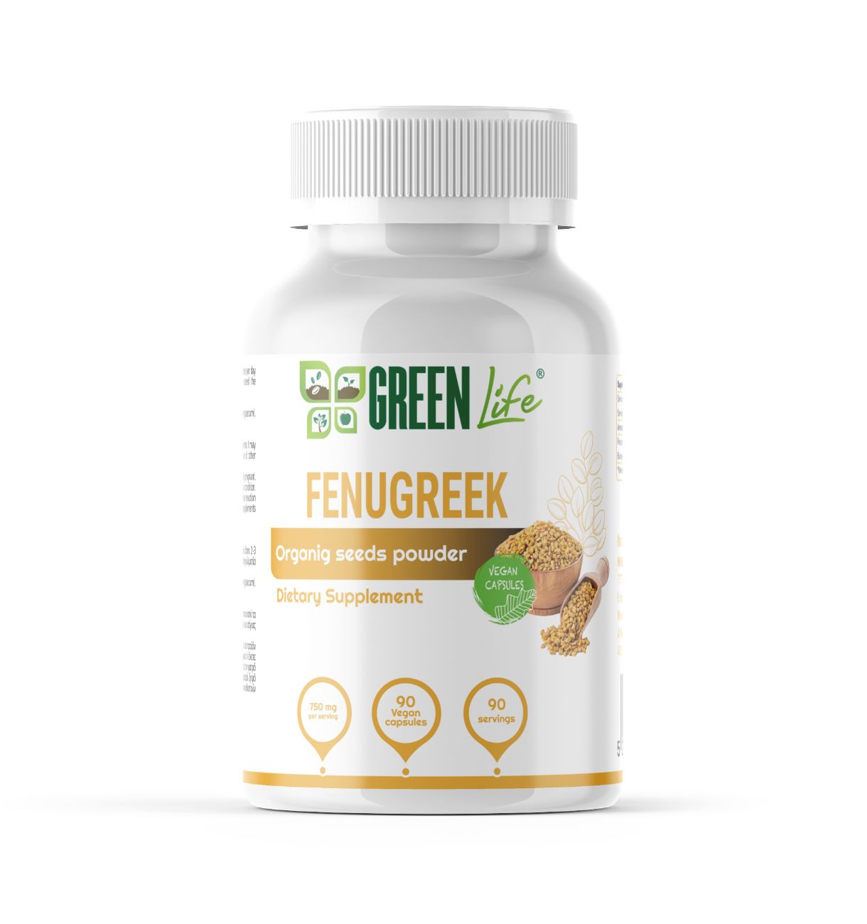 Green Life, Organic Fenugreek, 750mg, 90Capsules, 90Servings