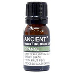 Organic orange essential oil bottle from AW GIFTS with a clear label and orange liquid inside.