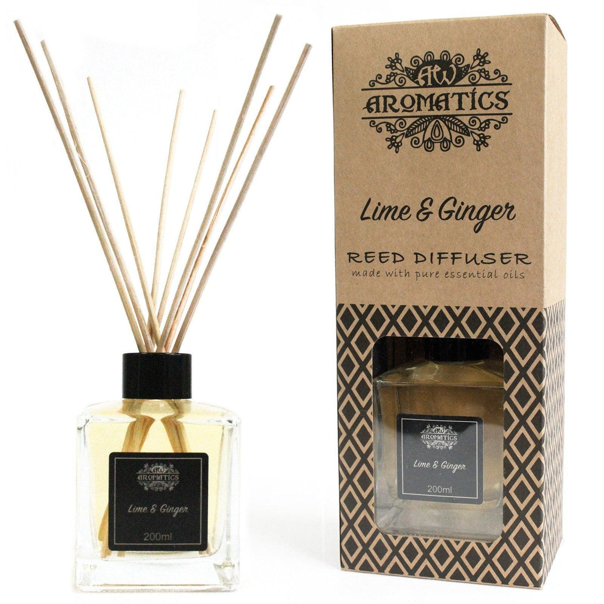 AW Gifts 200ml Lime & Ginger essential oil reed diffuser with decorative bottle and reed sticks for home fragrance.