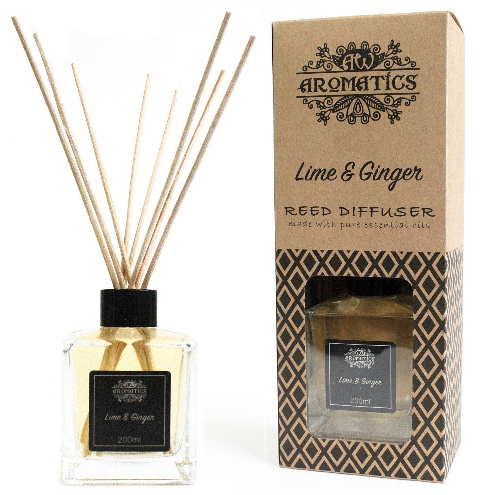 AW Gifts 200ml Lime & Ginger essential oil reed diffuser with decorative bottle and reed sticks for home fragrance.