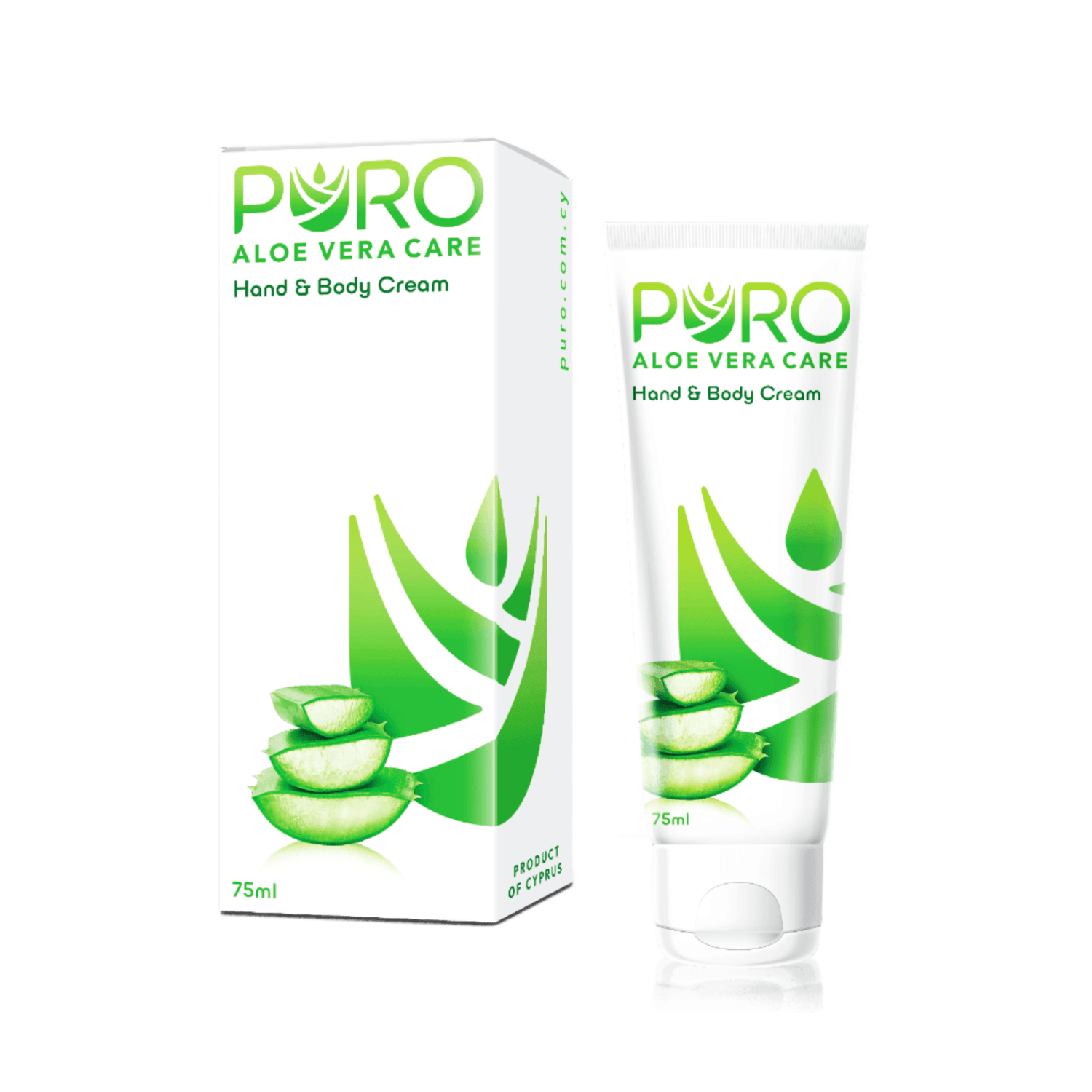 Puro Aloe Vera Care Hand and Body Cream in 75ml jar, featuring soothing aloe vera for gentle skin hydration and care.