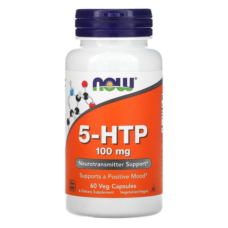 NOW Foods 5-HTP supplement in 60 vegetarian capsules, 100 mg each, from MKSTAVRINOS, showing the capsule bottle and label.