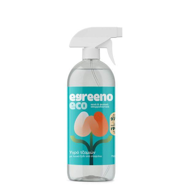 Egreeno Glass Cleaner in 750ml bottle, eco-friendly formula with white grape vinegar, designed for sparkling clean glass surfaces.