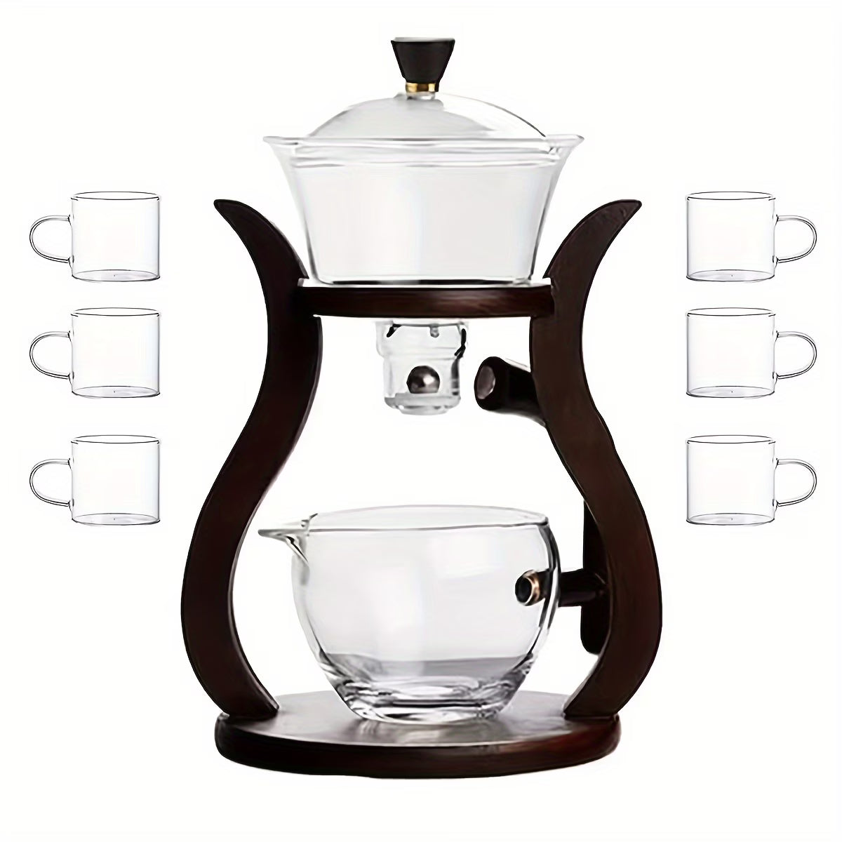 Premium semi-automatic glass gongfu tea set by TEMU with a teapot and six cups, elegant transparent glass design for brewing tea.