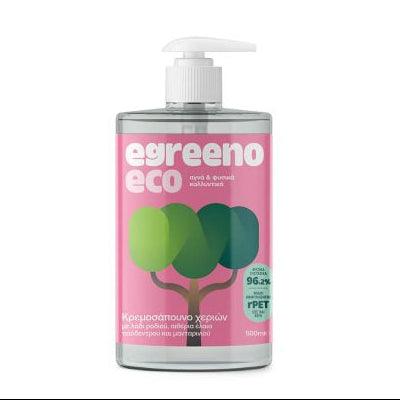 Egreeno Eco hand soap in 500ml bottle with cream soap, pomegranate oil, and essential oils, shown in a clean, modern pump dispenser.