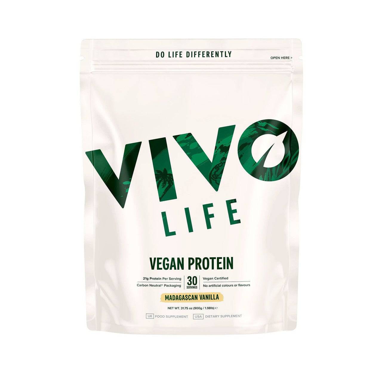 Vivo Life plant-based protein powder in a 30-serving container, featuring a natural, plant-based supplement for muscle support