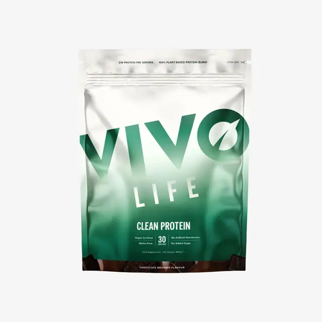 Vivo Life plant-based clean protein powder in a 30-serving jar, showing the label and scoop of protein powder inside.
