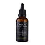 Herbalistas Kiki Health Organic Lions Mane Extract Tincture in 50ml bottle, showing the supplement packaging and dropper cap.