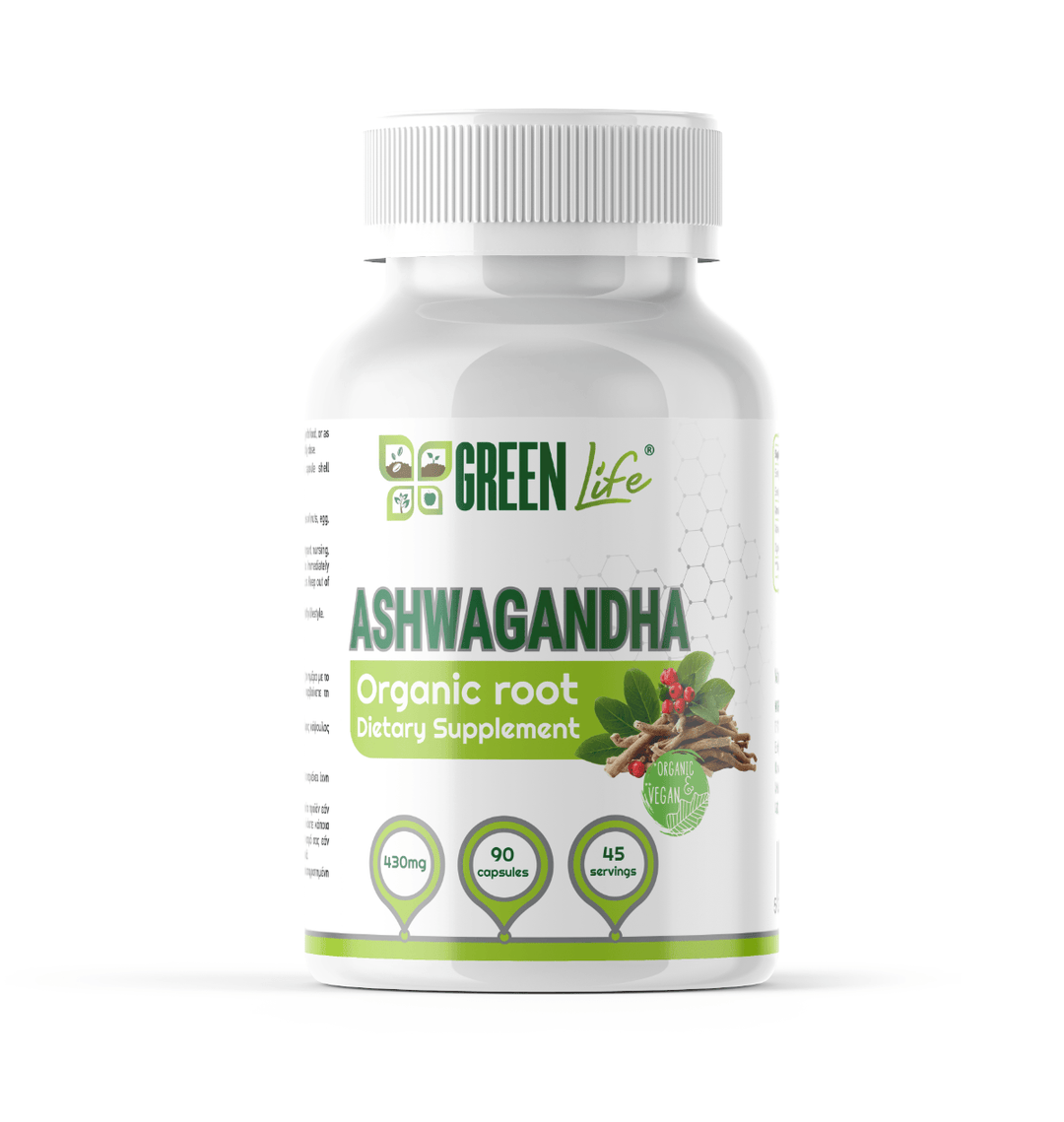 Green Life Cyprus Organic Ashwagandha supplement bottle with green label and capsule images, promoting stress support and focus.