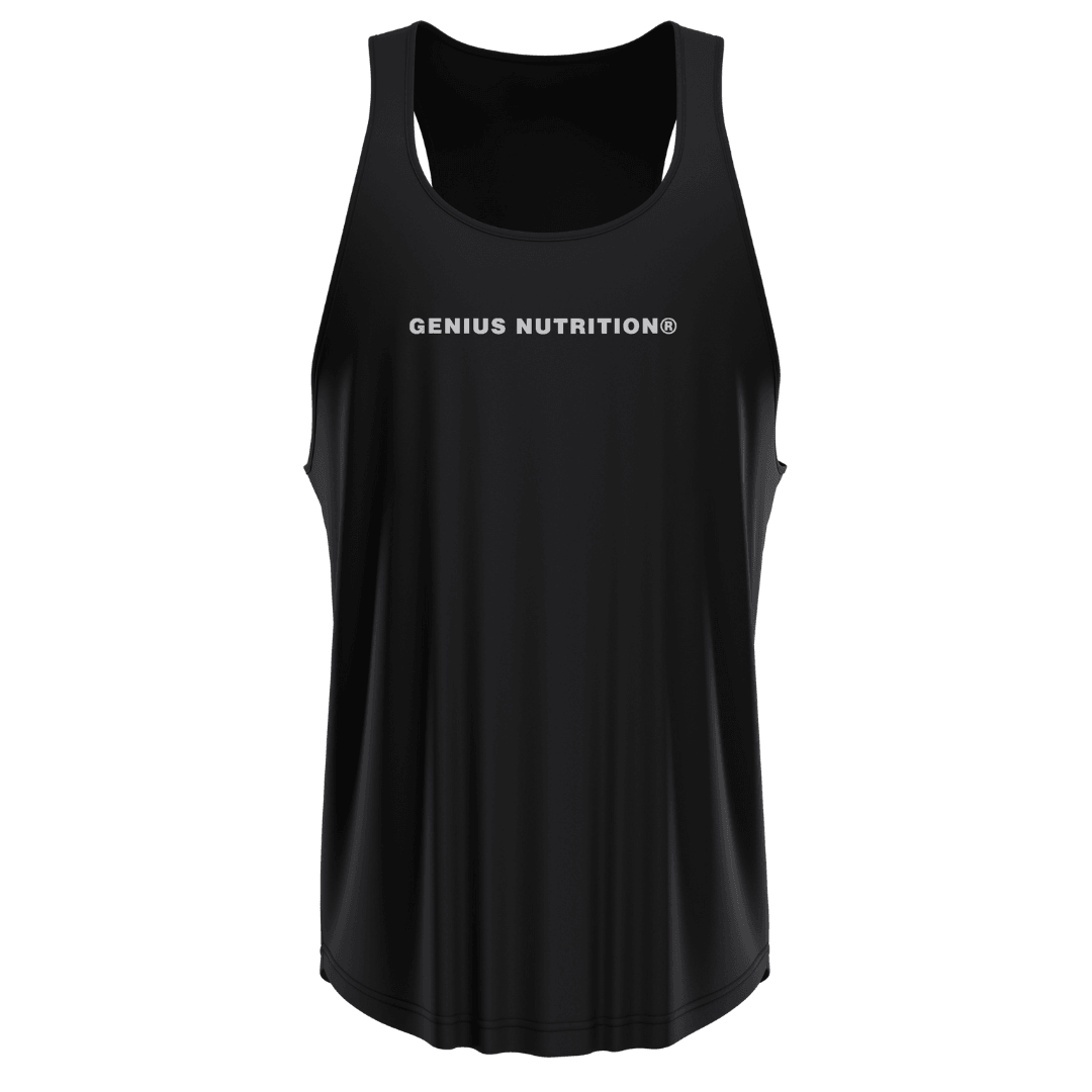 Genius Nutrition GN GYM Tank Top, black athletic sleeveless shirt with logo, designed for workout and gym training.