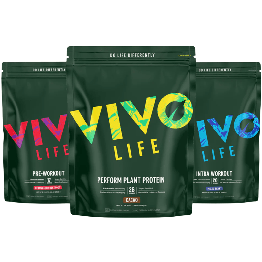 Vegan Fitness Bundle by BUNDLE showing plant-based protein powders, supplements, and fitness accessories on a clean background.