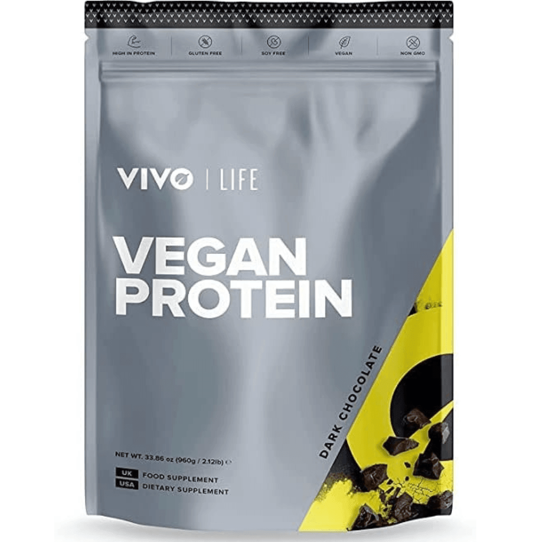 Vivo Life plant-based protein powder with 30 servings, showing the green and white packaging of the protein supplement.