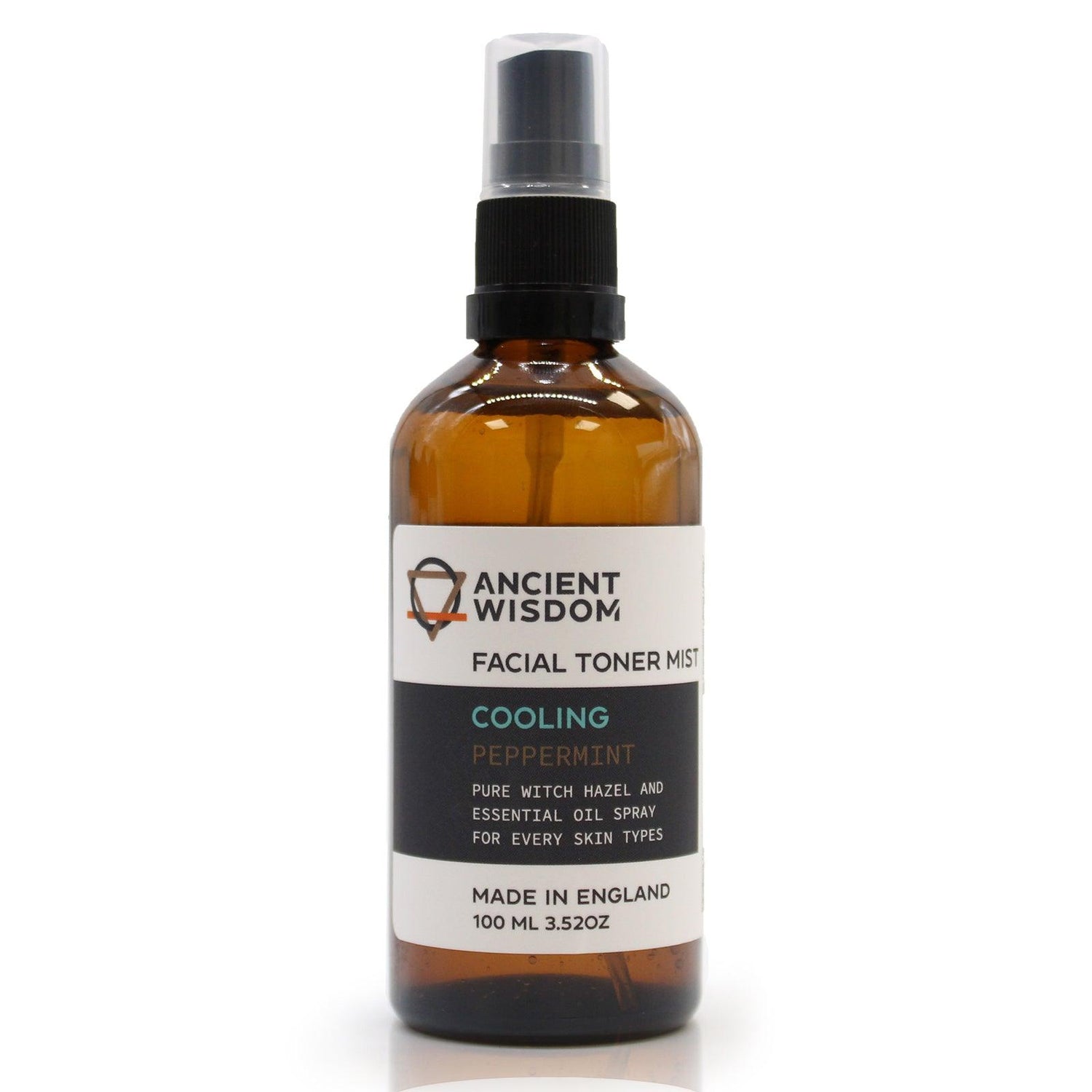 AW GIFTS Facial Toner Mist with Witch Hazel and Peppermint, 100ml, in a clear spray bottle for skin care and refreshing use.