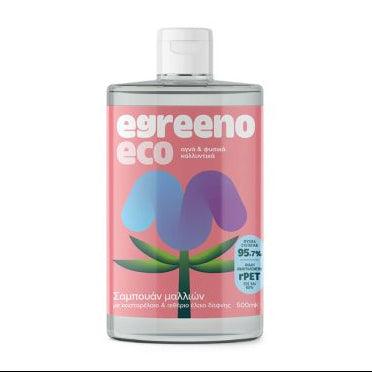Egreeno Eco Shampoo in 500ml bottle with castor oil and laurel essential oil, showcasing the shampoo bottle with label and cap.