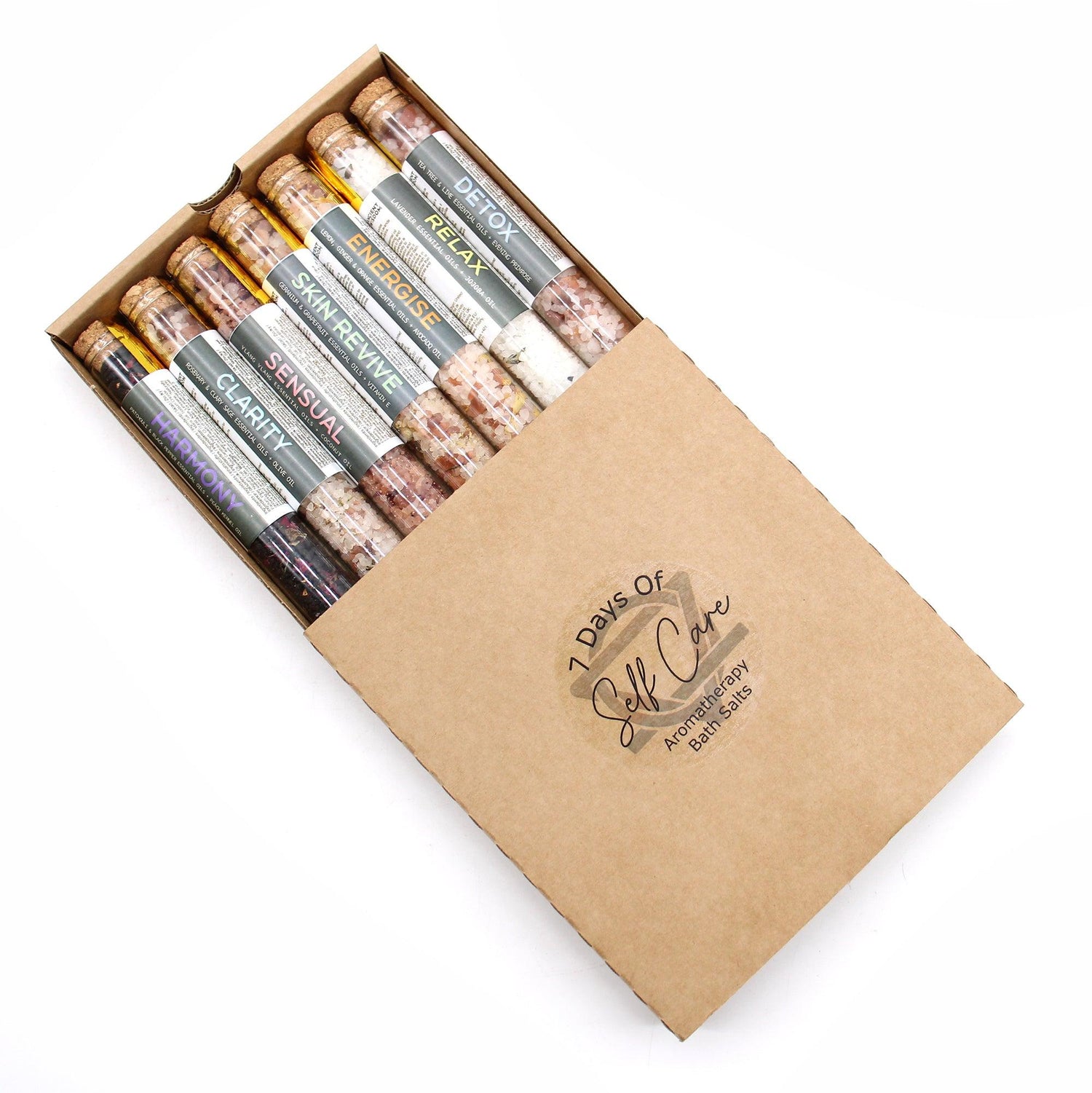 Assorted bath salts in vials from AW GIFTS gift pack of 7, with colorful labels and elegant packaging.