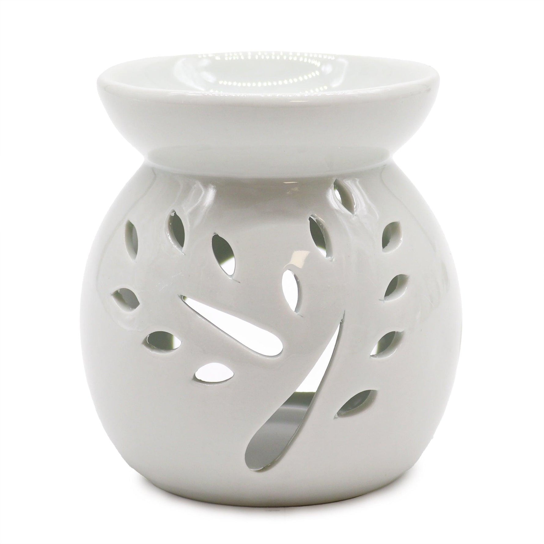 Large white oil burner with tree cut-out design, AW Gifts classic accessory for aromatherapy and decorative use.