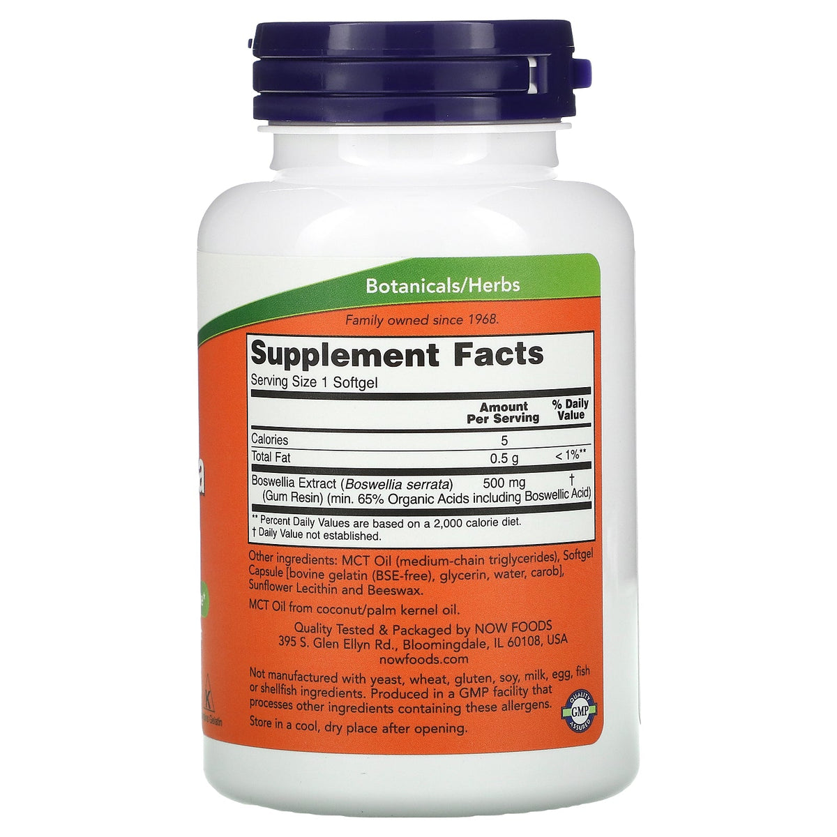 MKSTAVRINOS Boswellia Extract supplement softgels, 500 mg, 90 count, showing the softgel capsules in the bottle.