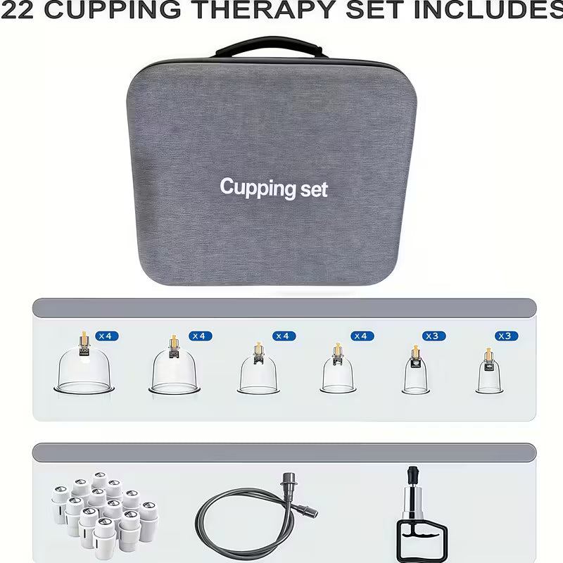 TEMU cupping and relaxation kit with vacuum cups and manual pump, showing the set of massage accessories and tools.