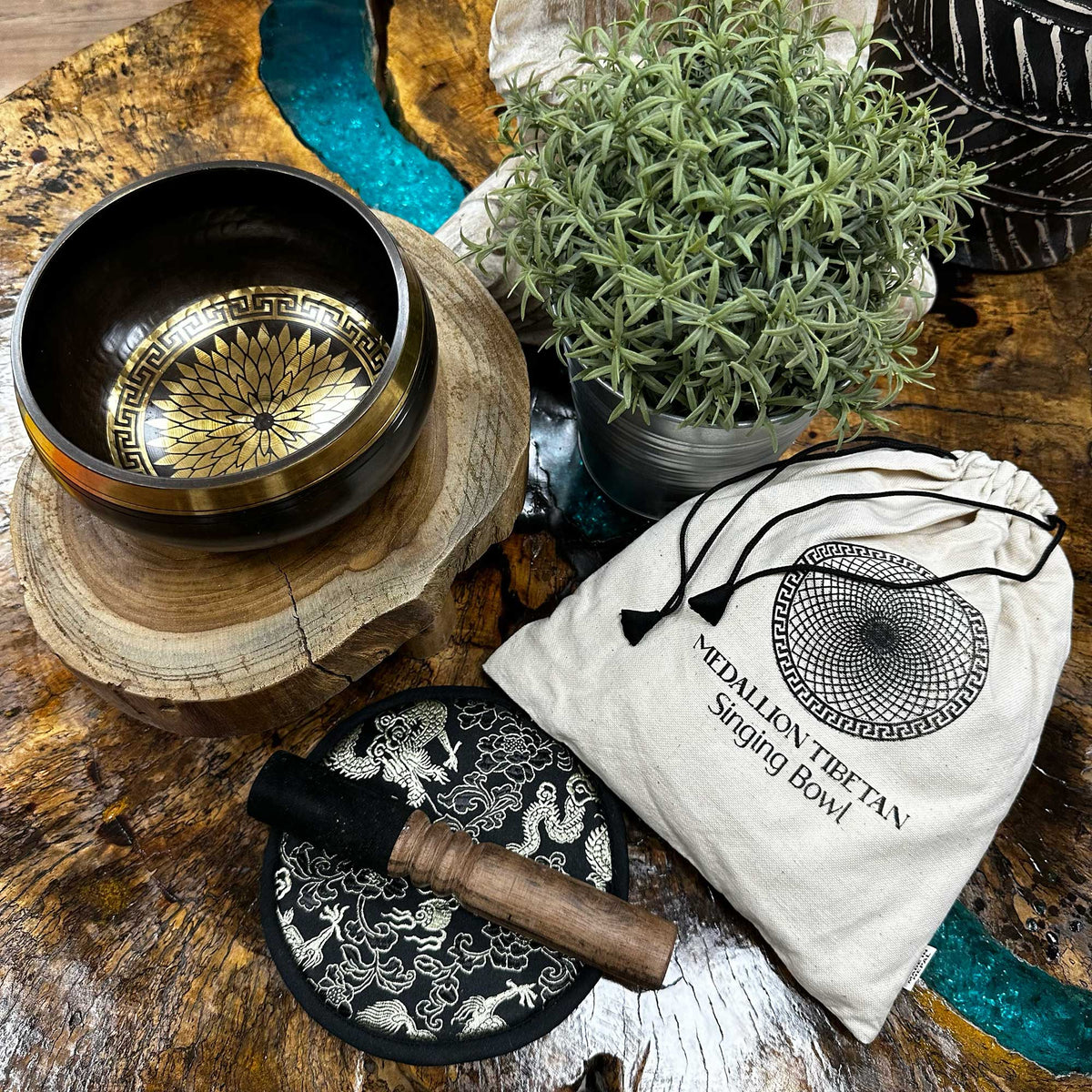 Hand-beaten and engraved AW GIFTS singing bowl gift set with round medallions, 14cm diameter, crafted as a soothing accessory.