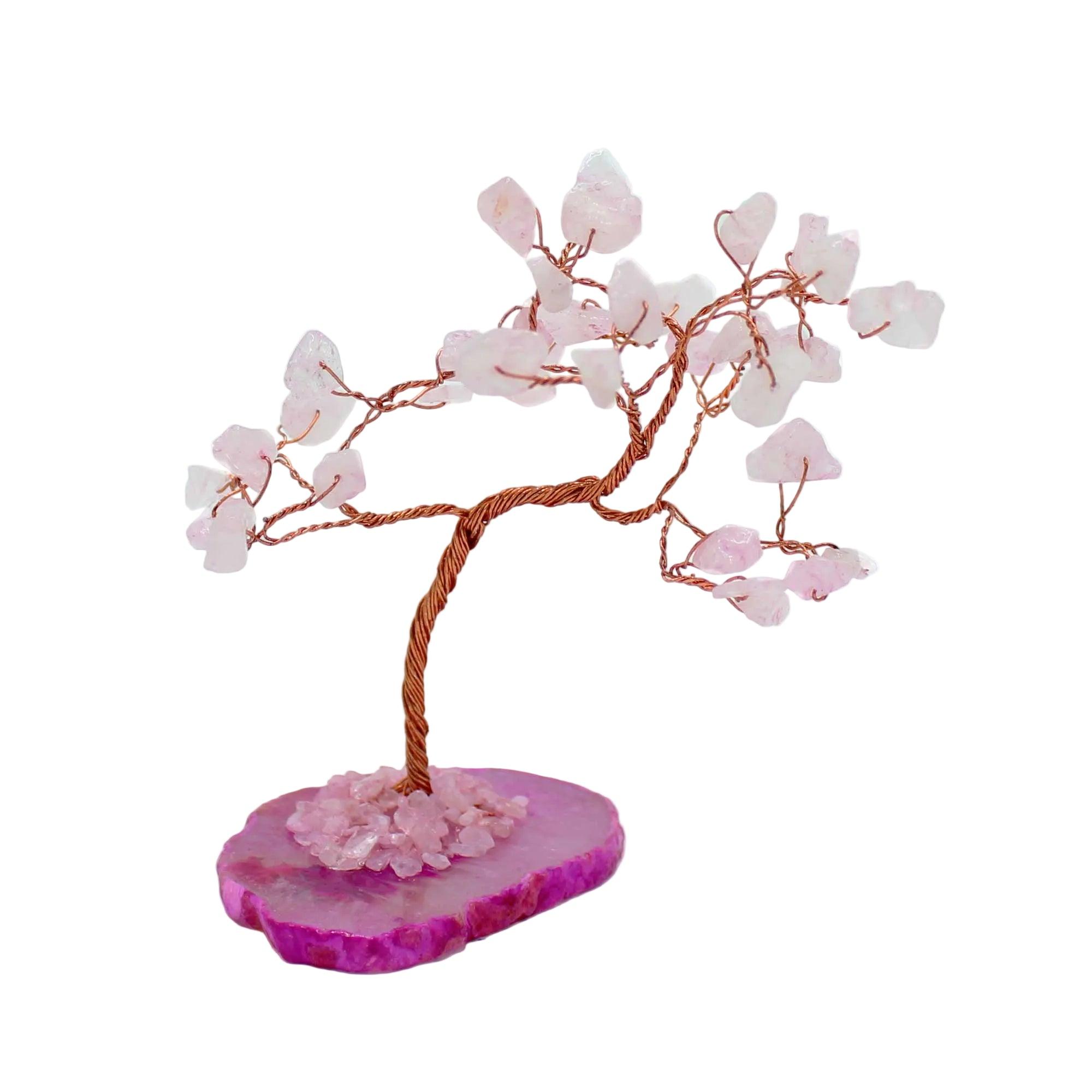 AW Gifts gemstone tree accessory with 35 rose quartz stones and pink agate base, decorative natural gemstone display.