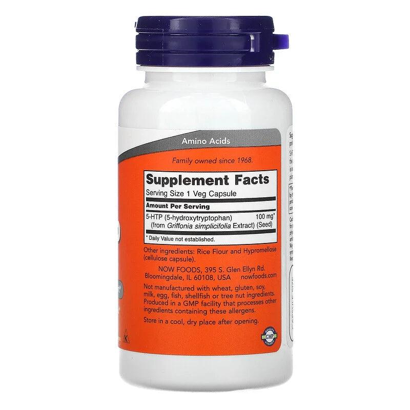 NOW Foods 5-HTP supplement in 60 vegetarian capsules, 100 mg per capsule, designed to support mood and relaxation.