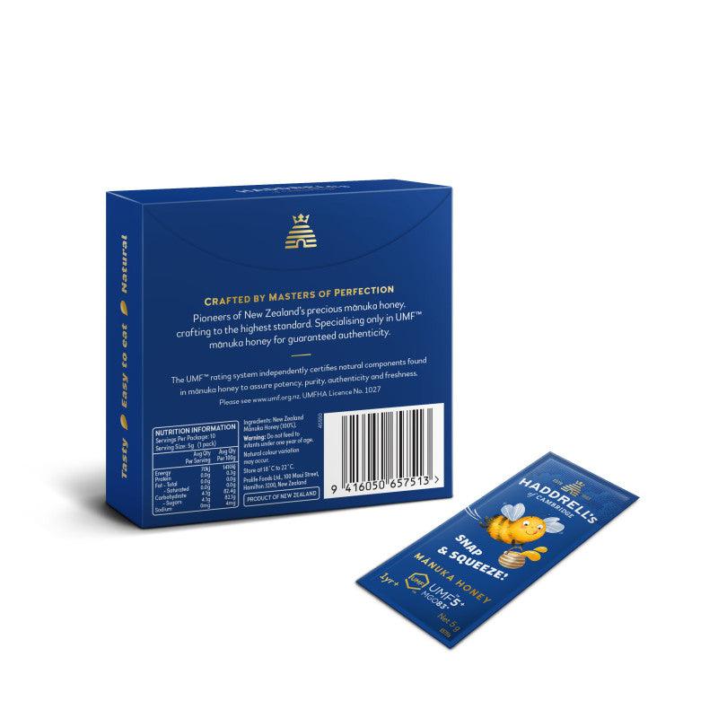 Herbalistas Haddrells Manuka Honey UMF5+ single-serve sachets for kids, 10-pack, with UMF and MGO quality indicators.