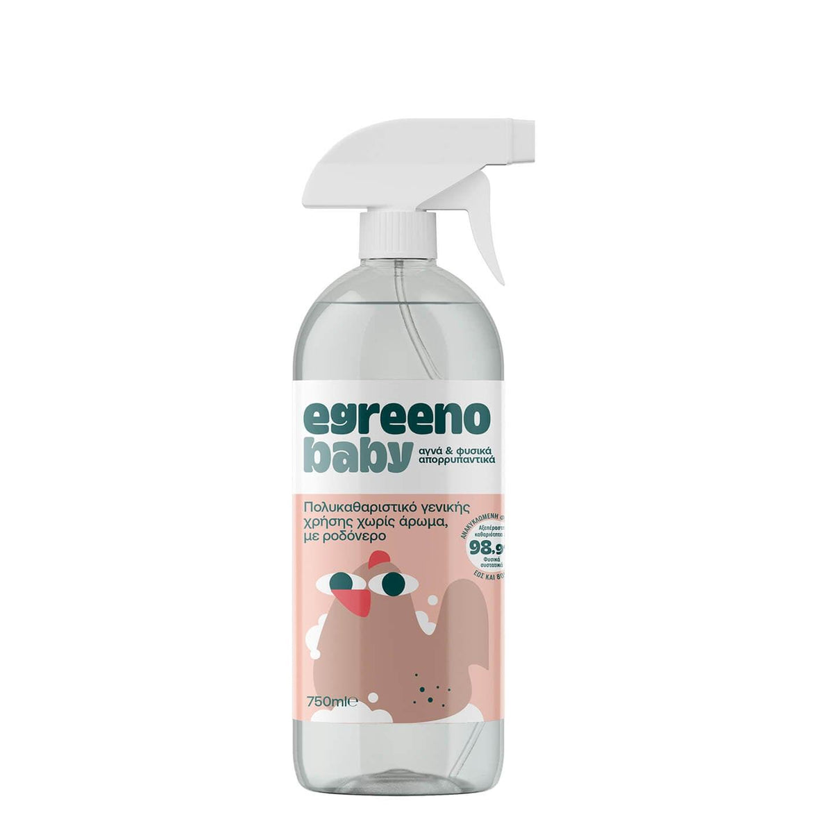 Egreeno Baby Multi-Purpose Cleaner 750 ml bottle, fragrance-free, suitable for cleaning baby surfaces and household items.