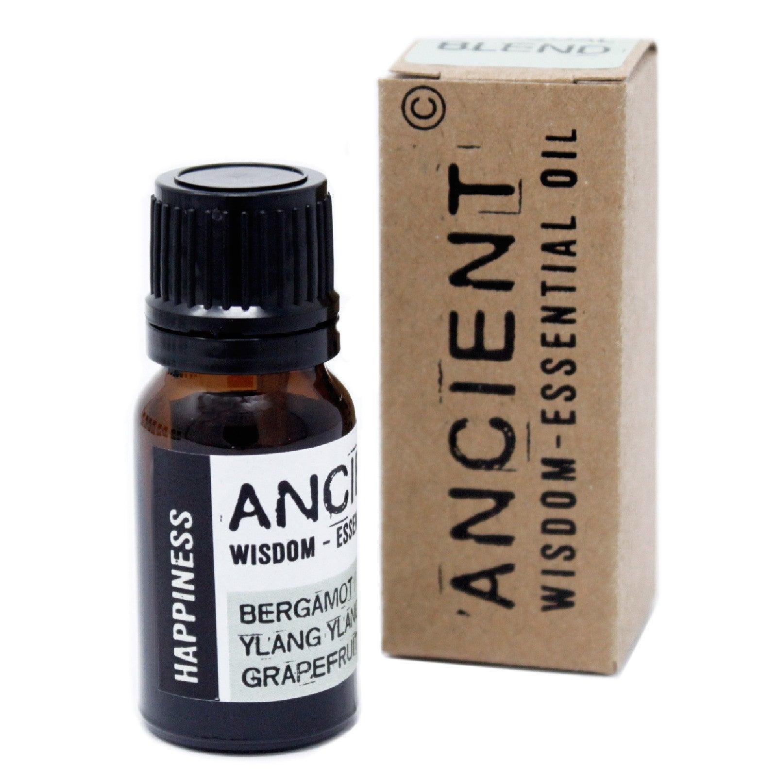 AW GIFTS Happiness Essential Oil Blend in a 10ml bottle, skin care product, with a boxed packaging and natural floral design.