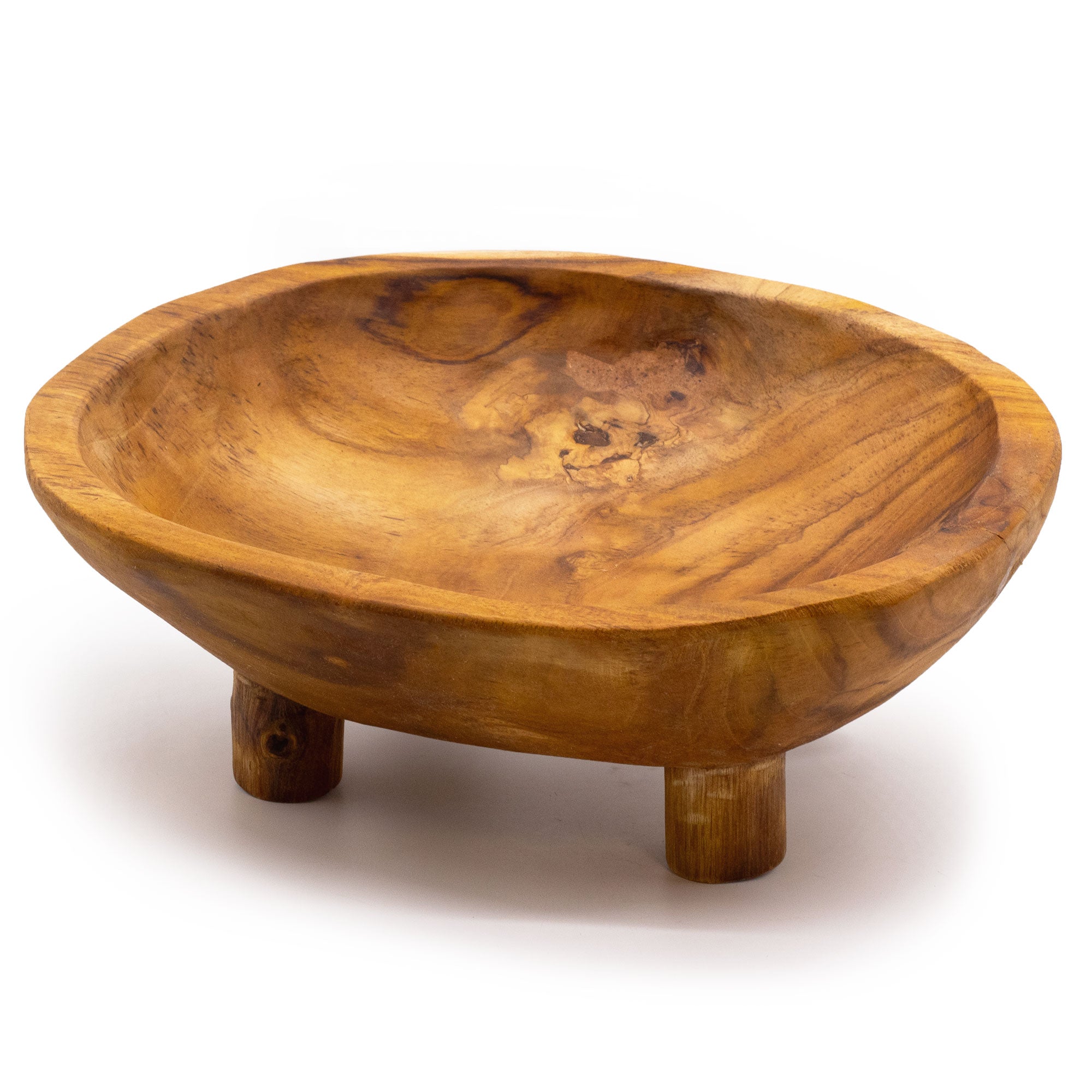 Smooth teakwood fruit bowl with legs, 30x23x10 cm, crafted by AW GIFTS, showcasing a stylish and natural wooden design.