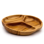 Smooth teakwood fruit bowl with three sections, measuring 30x4cm, by AW GIFTS, showcasing a natural wood finish and three divided compartments.