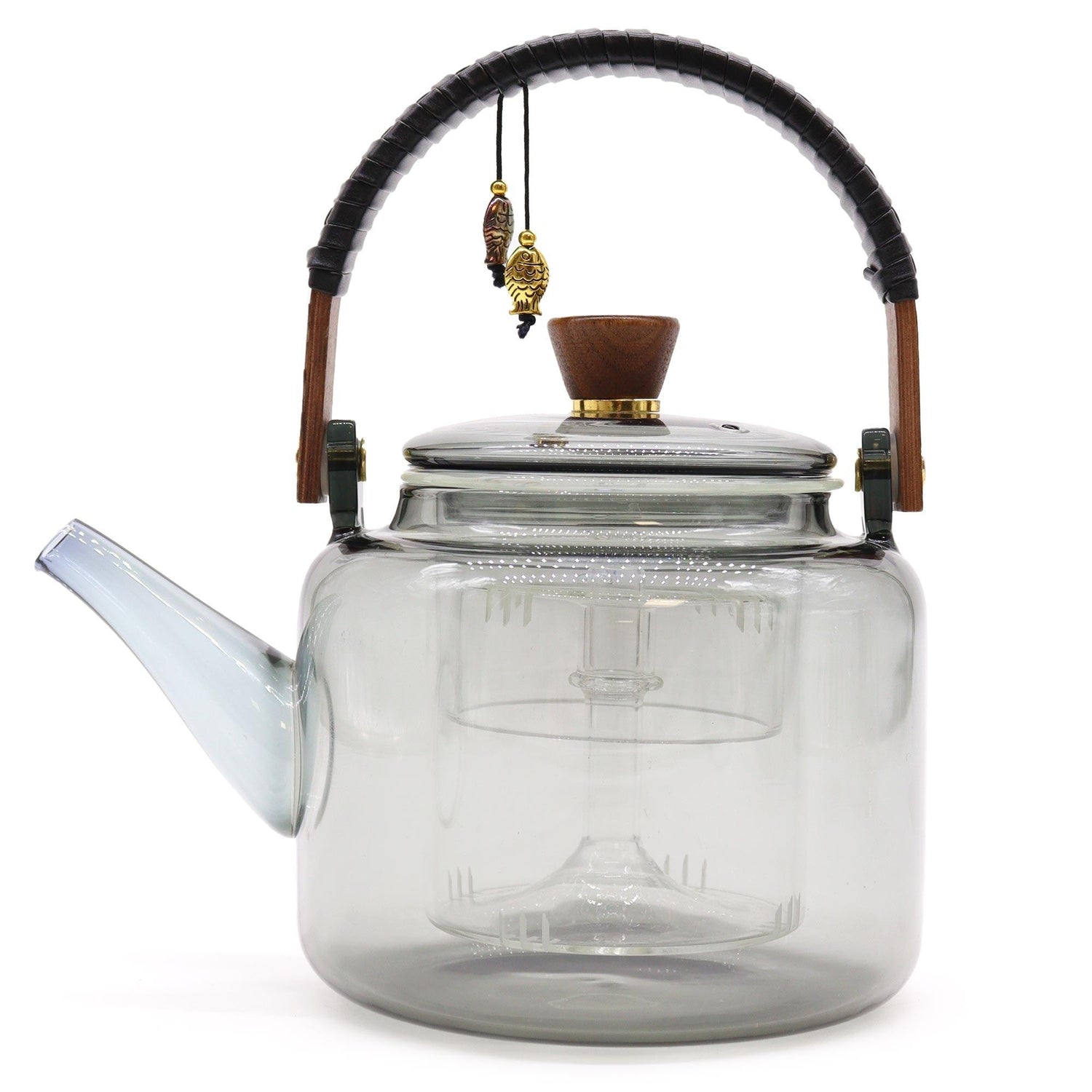 Glass infuser teapot with steamer system in charcoal color, 1000ml capacity, perfect for brewing loose leaf tea.