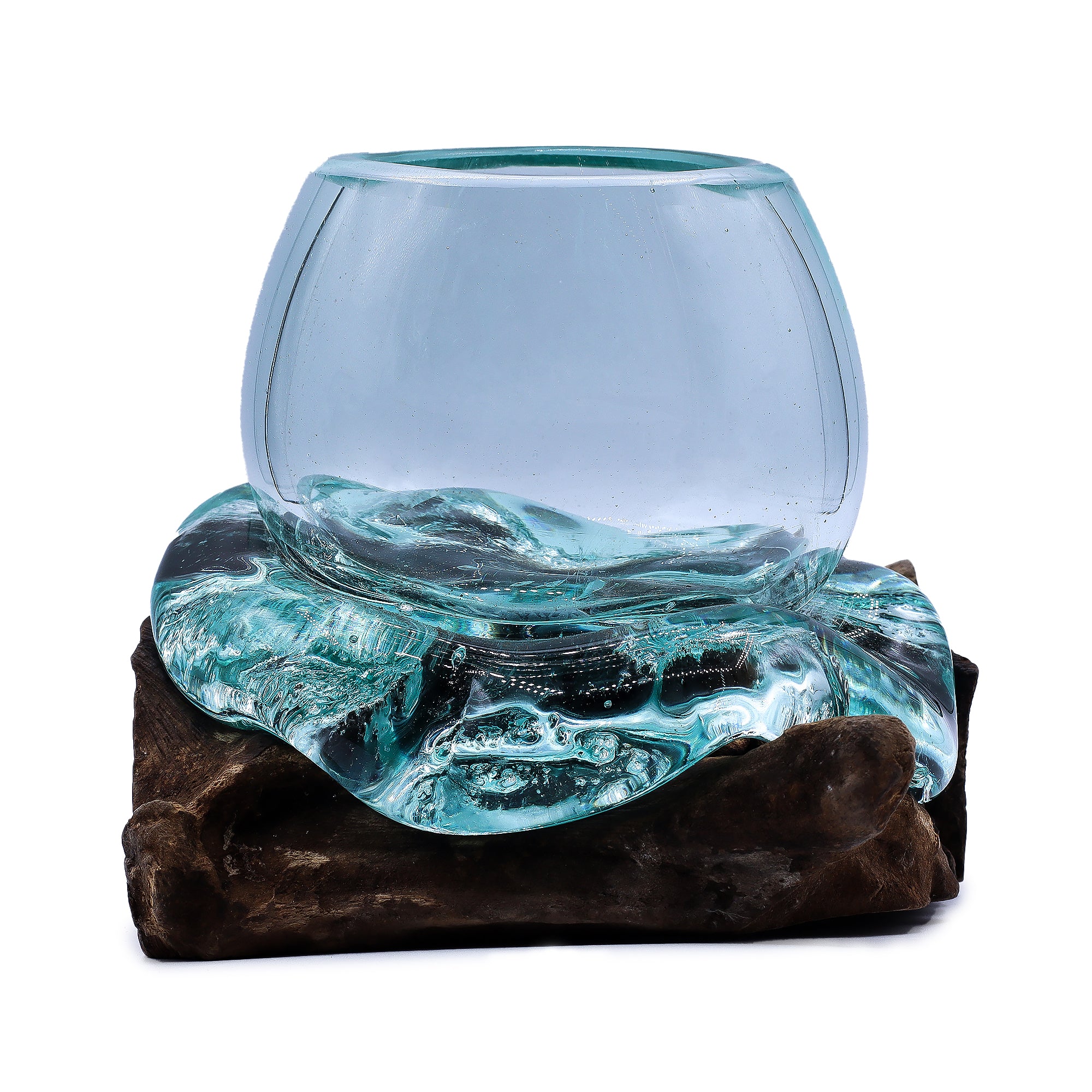 Handmade molten glass bowl from AW GIFTS resting on natural wood, suitable as elegant home decor accent piece.