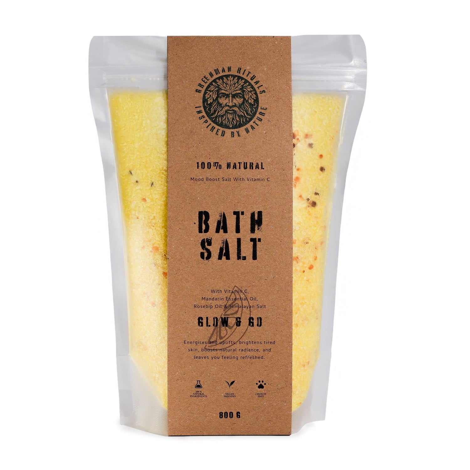 Greenman Rituals Vitamin C and Mandarin Epsom Bath Salt in a jar, designed for relaxing and revitalizing bath experiences.