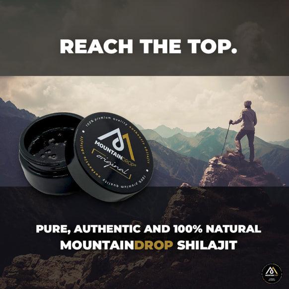 Herbalistas MountainDrop Original 100% pure natural Mumijo Shilajit resin in 40g jar, close-up of resin texture and packaging